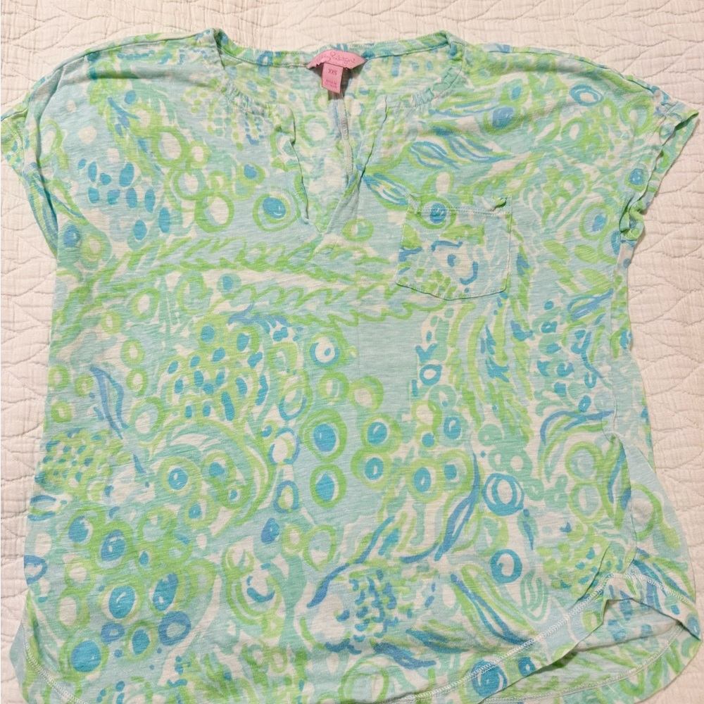 Lilly Pulitzer Green and Blue Linen Short Sleeve Top